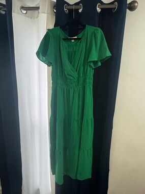 Monteau Green Tiered Midi Dress with Wrap Bodice